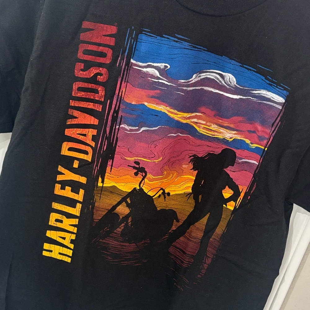 Harley-Davidson Black Tee with Vibrant Sunset Graphic
